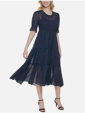 Tommy Hilfiger Midi Dress Sky Captain Sheer Tiered Puff Sleeve